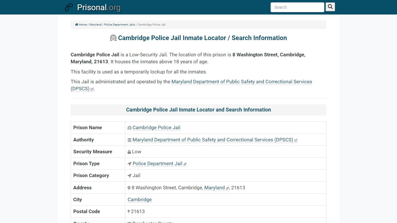 Cambridge Police Jail Inmate Locator and Search Information